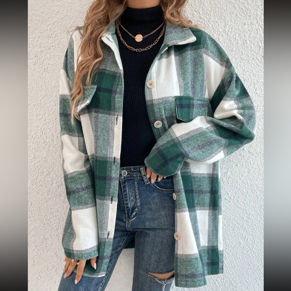 Cozy Plaid Stripe green Oversized Flannel Shirt Shacket - Picture 9 of 12